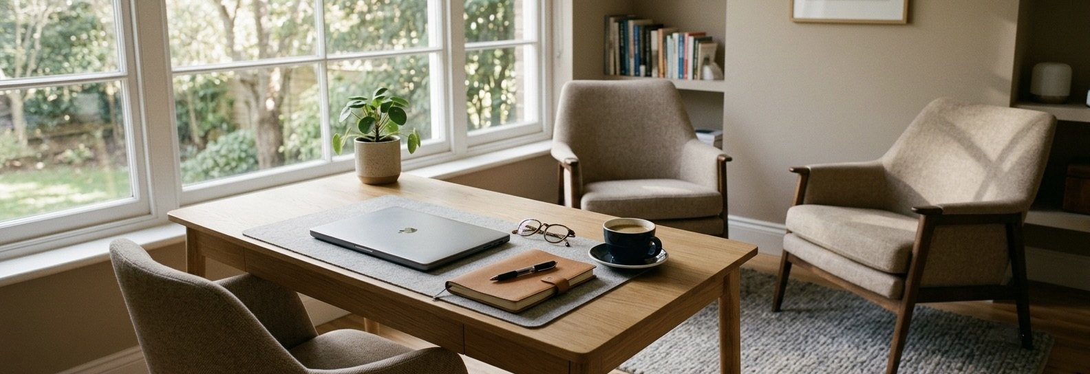 A light room with a wooden desk by a window, a laptop and notebook, and two armchairs turned towards each other